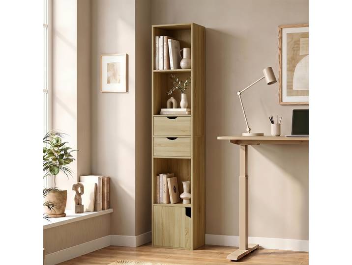 HOMCOM Bibliothèque 6 Étagères Tiroir Porte 158cm Chêne
