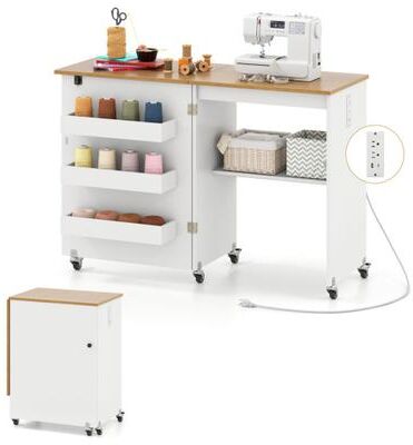 Costway Sewing Machine Table with Charging Station and Lockable Casters-Natural and White