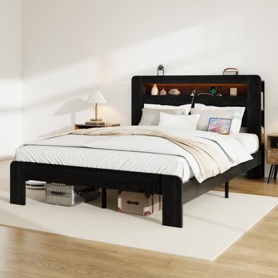 GREATPLANINC Wood Bed Frame with Storage Shelf Headboard Vintage Platform Bed Frame with Led Lights/Charging Station/Noise-Free Design/Black