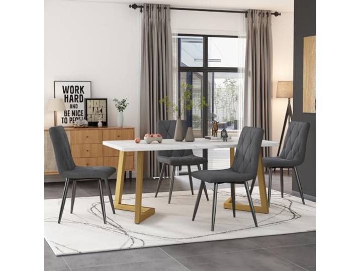 boorbin Essgruppe,(Set,117×68cm Esstisch mit 4 Stühlen), Rechteckiger Esstisch Moderner Küchentisch Set, Golden Tischbeine, Dunkelgrau Twill Leinentuch Küchenstuhl