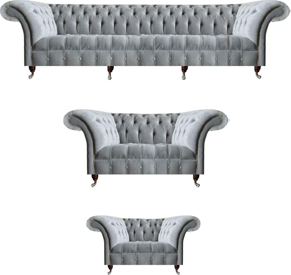 Hellgraue Wohnzimmer Chesterfield Sofas Sessel 2-Sitzer Viersitzer 3tlg