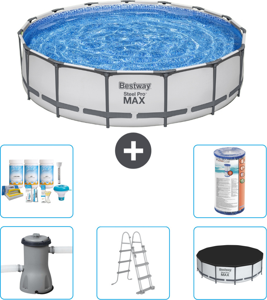 Bestway Round Steel Pro MAX Schwimmbad - 457 x 107 cm - Grau - inklusive Pumpe - Leiter - Abdeckung Wartungspaket - Filter