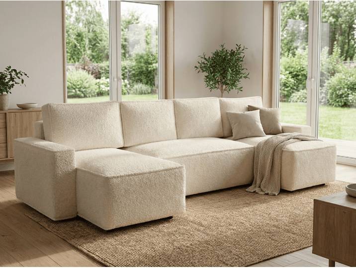 Ausziehbares U-Form Sofa SMART BOUCLE 303x140 cm, creme