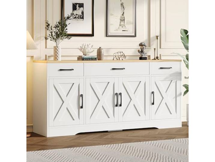 BTM Modernes weißes Sideboard, Multifunktionsschrank aus Holz, Wohnzimmer-Esszimmerschrank, mit Dekoration