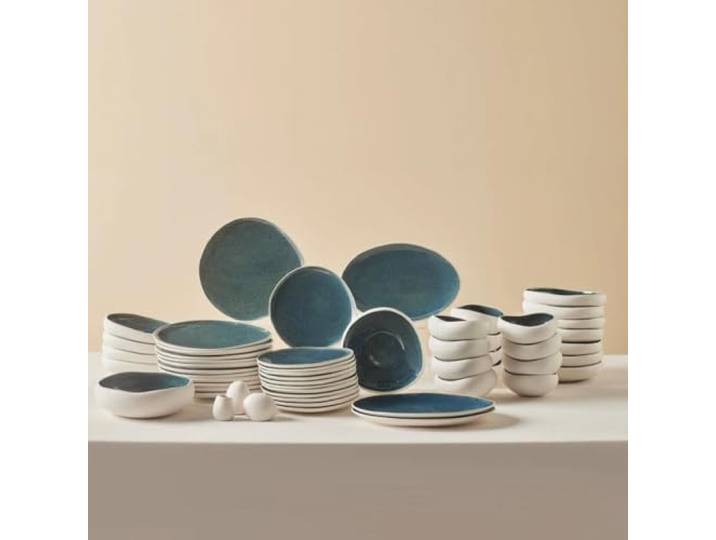 Karaca Earth Collection Oscar 55-teiliges Steinzeug-Geschirrset für 12 Personen, buntes Teller- und Schüsselset, spülmaschinen, komplette mit neuem galaktischem Reactive Glaze-Finish, Blau