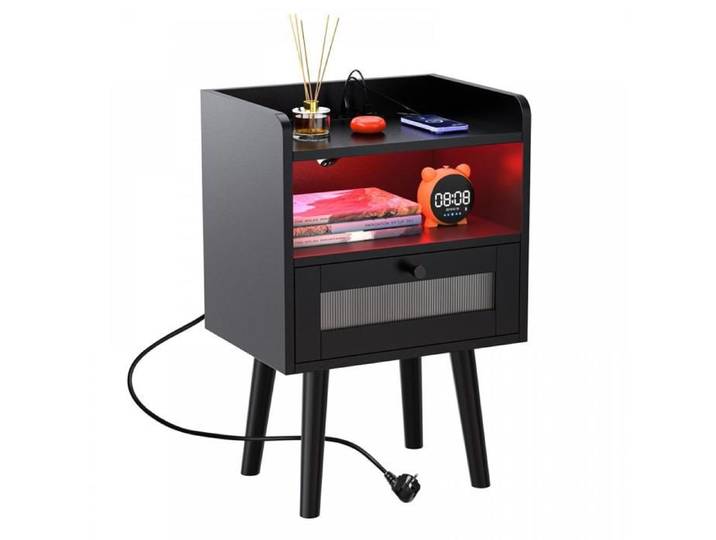 XJING-Table de chevet noire 40x30x60cm-1.5m Prise Euro+1m Bande Lumineuse-Simple