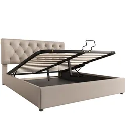 Merax Doppelbett 160x200 Polsterbett aus Leinen mit Lattenrost & Hydraulische Stauraum Beige