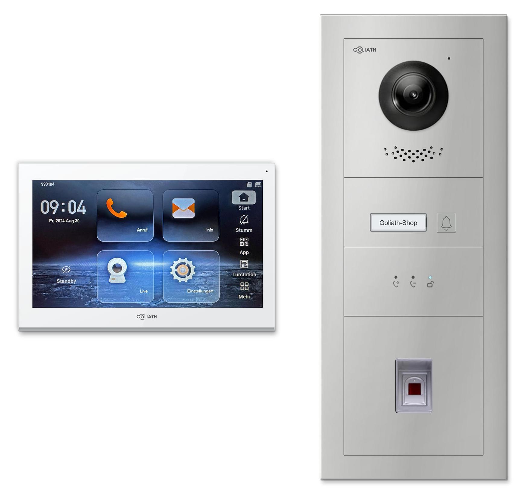 Goliath IP-Video-Türsprechanlage GL-IPH130M für 1 Familie - Fingerprint, Anzeigemodul : 1 Monitor : 10 Zoll Weiß : Silber : Unterputzdose Monitor Anzahl: 1 Monitor Monitor Farbe: 10 Zoll Weiß Montage: Unterputzdose Türklingel Farbe: Silber
