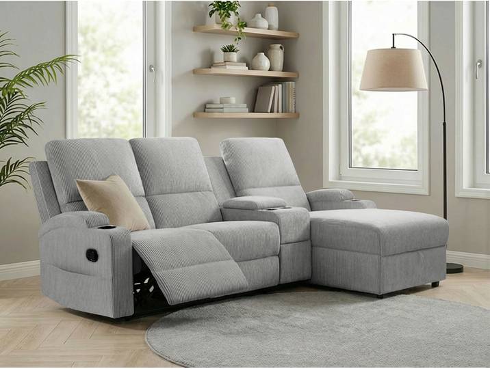 Ecksofa GOODPRODUCT NAPORI Cord, Multimediasofa, 3er Kinosessel XXL, L-Form , grau, B:240cm H:102cm T:155cm, 100% Polyester, Sofas, Ecksofa, Kinosofa, manuelle o. elektr. Relaxfunktion, Staufach, Getränkehalter