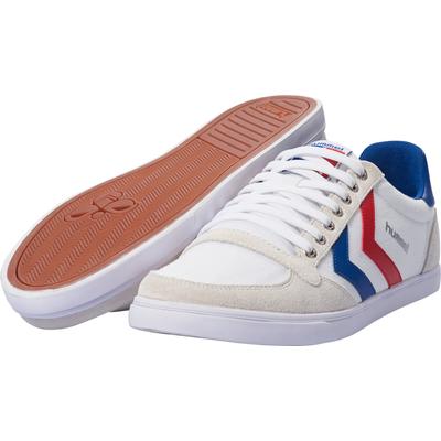 Sneaker HUMMEL "Slimmer Stadil Canvas Low", Gr. 39, bunt (weiß, blau, rot), Textil, Veloursleder, Schuhe Sneaker