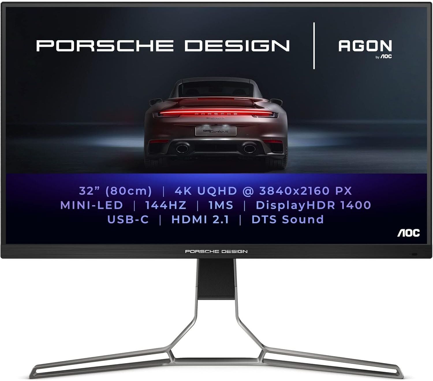 AOC AGON Porsche Design PD32M – 32-Inch 4K UHD Monitor, 144Hz, IPS, 1ms GTG, Light FX, Mini LED UHD, HDR 1400, HDMI 2.1, USB-C 3.2, DP 1.4, New