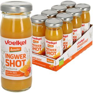 Voelkel Vitamin-Shot Ingwer & Kurkuma demeter, BIO, ohne Zuckerzusatz, in Glasflaschen, 8x 95 ml