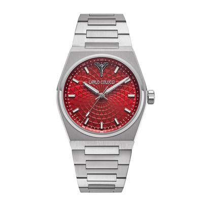 Quarzuhr CARLO COLUCCI, rot (silberfarben, rot), Armbanduhren, Herren, Quarzuhr, Armbanduhr, Herrenuhr, Edelstahlarmband, analog