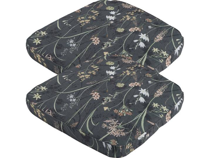 2er-Set Stuhlkissen Outdoor, Blumenmuster anthrazit, 48 x 48 cm