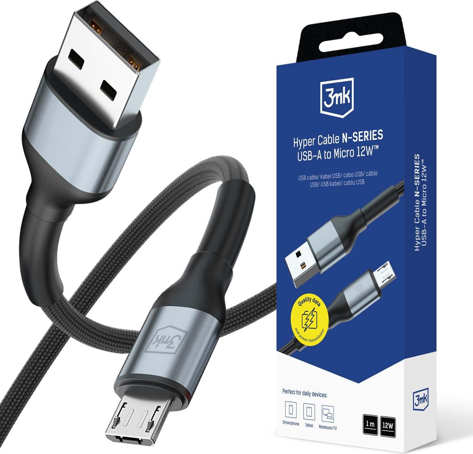 3Mk Hyper Kabel N-Serie Type A naar Micro USB, 1 meter, QC 3.0, 12W, zwart