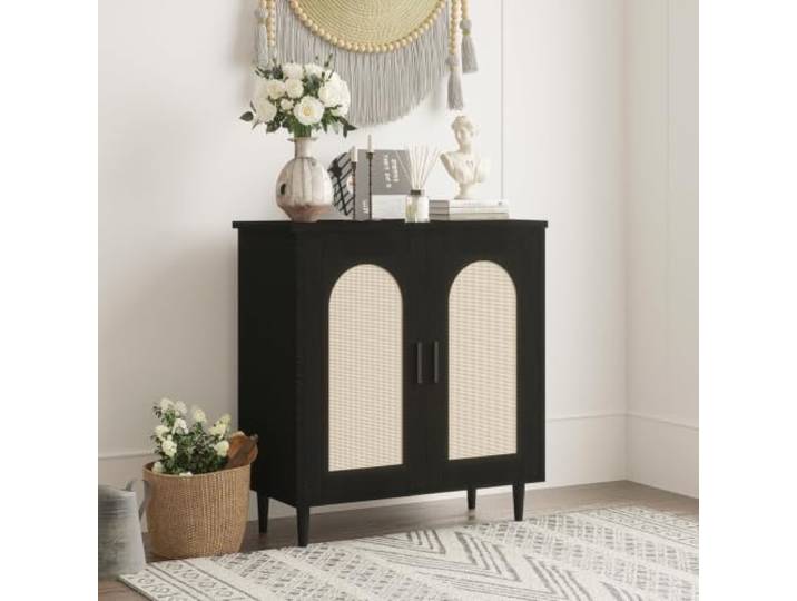 Sideboard 77cm Weiß Mit Rattan Türen Wohnzimmer Flur Küche Aufbewahrung 77cm Sideboard in Weiß, 2 Rattan-Türen, stilvoll & geräumig für Wohnzimmer, Flur & Küche.