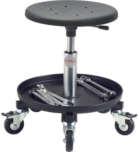 Global Montørstol, Sort, Pu Sæde, 38-51 Cm, Værktøjsbakke
