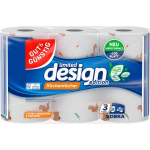 Gut&Günstig Küchenrolle design edition, Jumborolle, 3-lagig, 100 Blatt je Rolle, Zellstoff, saugstark & reißfest, 3 Rollen