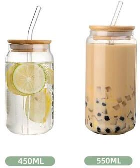 Inspired Finds Heat Resistant Glass Straw Cup With Dustproof Wooden Lid Transparent Drinking Bottle 15.22 Fl Oz + 18.60 Fl Oz