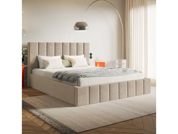 MOTIVENA Ibiza Bett 160x200 Beige Samt, mit Stauraum, mit Kopfteil, mit Lattenrost, ohne Füße, ohne Matratze, Polsterbett 160x200 mit Bettkasten Beige