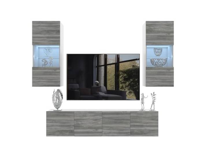 Belini Milano 7 Wohnwand Schrankwand TV-Schrank 200cm Grau Matt Wohnwand mit grifflosem System, weiße Korpusse, DECOR ECONATURA kratzfest, Gasliftsystem, Wandmontage, Anbauwand, TV-Möbel