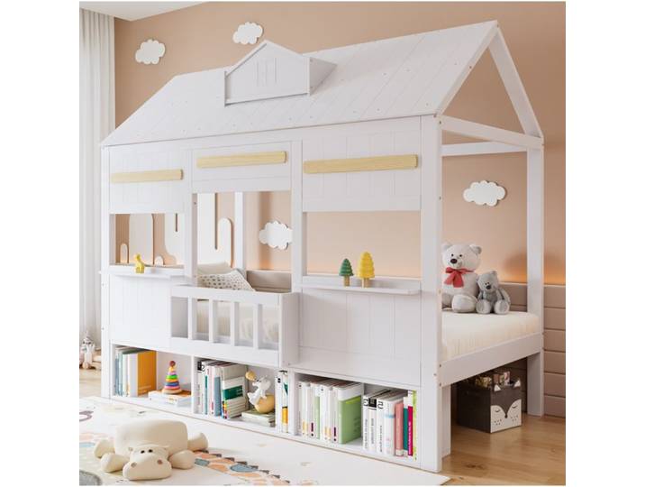 MEUBLIV Lit mezzanine enfant cabane 90 x 200 cm blanc avec bibliothèque intégrée sommier à lattes inclus
