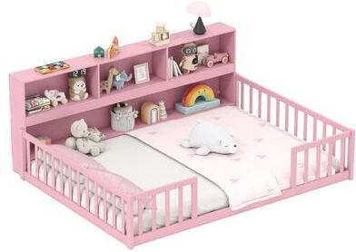 Costway Full Size Montessori Floor Bed with Bookcase-Pink