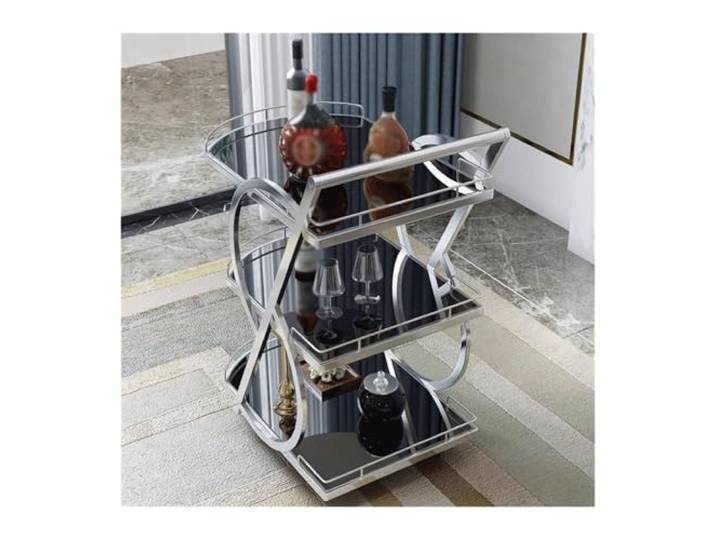 DFHetFH Rollwagen Rollwagen Mit 3 Ebenen, Mobiler Servierwagen Griff, Aufbewahrungswagen Aus Edelstahl Und Glas Für Die Küche Küchenwagen(Silver+Black)