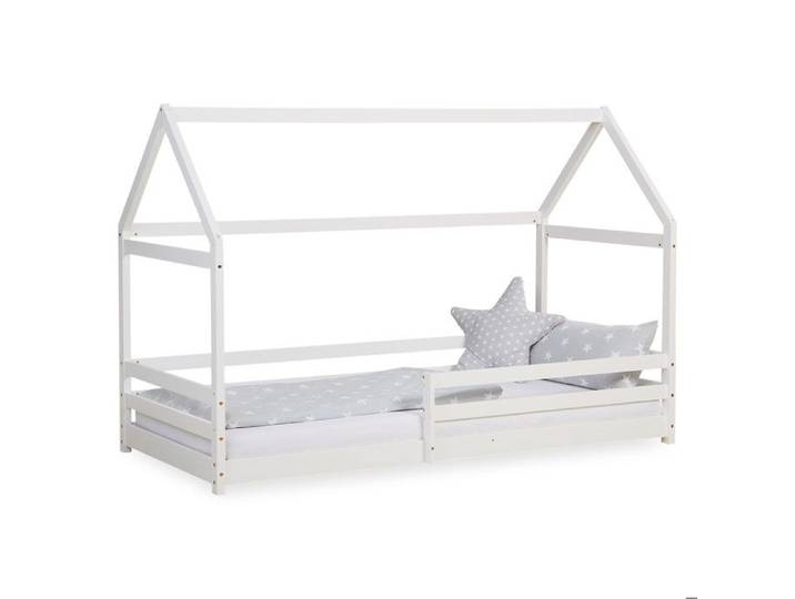 Lit Enfant 90x200 cm Blanc Lit Cabane avec Barrière de Sécurité Montessori Lit Simple avec Sommier Bois