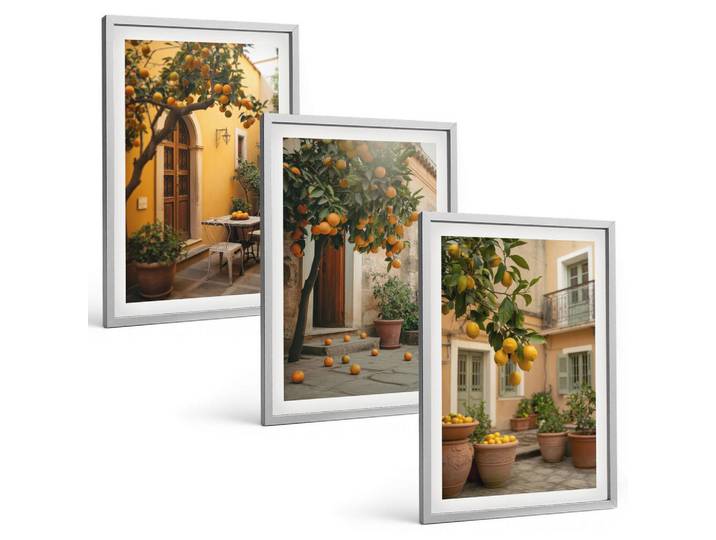 Tulup Bilder SET 3er Set - 40x60 cm Silberner Rahmen - Garten-Zitrus-Sonne, Silberfarben, Kunststoff, Rechteckig, 40x60 cm, gerahmt, Bilder & Rahmen, Bilder