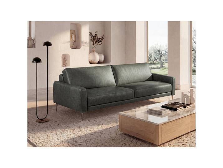 Livetastic 3-Sitzer-Sofa Spring, Grau, Metall, Echtleder, Rindleder, 187x85x92 cm, Rücken echt, Wohnzimmer, Sofas & Couches, Sofas, 3-Sitzer Sofas
