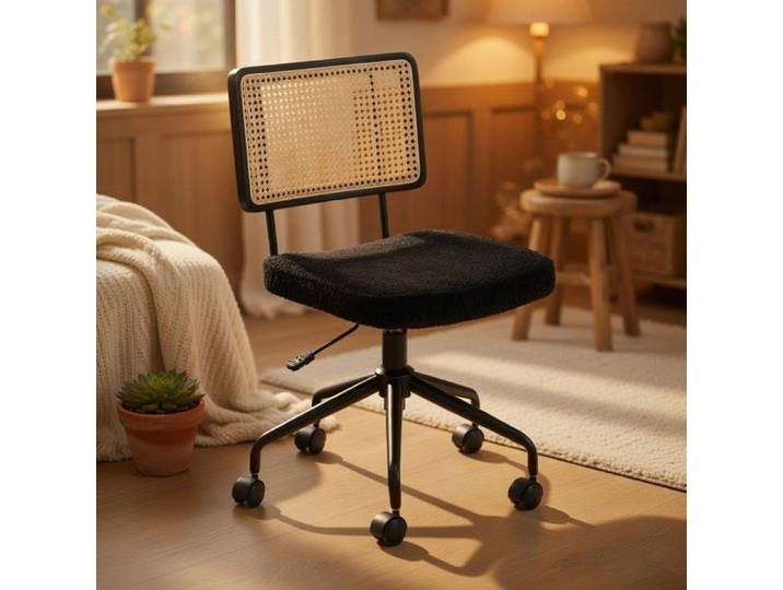 CollaHausse Chaise Bureau Vintage Rotin Roulettes Chenille Bois Noir