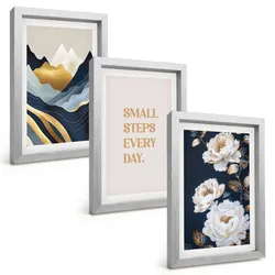 BILDER SET 3er Set - 20x30 cm Silberner Rahmen - Abstrakte Berge und Blumen Inspiration