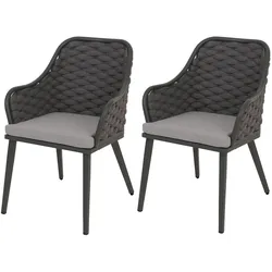 Mendler 2er-Set Aluminium-Gartenstuhl HWC-O16, Outdoor Stuhl, Olefin (200 g/m2) Seilgeflecht Rope ~ anthrazit Kissen hellgrau