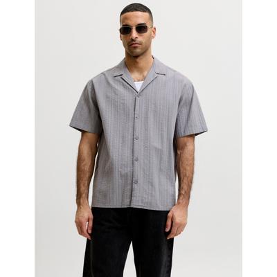 Kurzarmhemd JACK & JONES "JJETYSON RESORT SHIRT SS SN", Herren, Gr. S, N-Gr, grau (weathervane), Web, Obermaterial: 100% Baumwolle, unifarben, normal, V-Ausschnitt, Hemden, mit Resort-Kragen