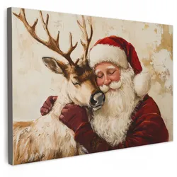 LEINWANDBILD Weihnachtsmann - Rentier - Weihnachten Gemälde 60x40 cm