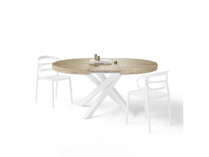 MOBILI FIVER, Runder ausziehbarer Tisch Emma, 120-160 cm, Eiche mit gekreuzten Weißen Beinen, Made In Italy