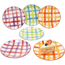 6x Picknick Kuchenteller Ø19,3cm Steingut bunt kariert Dessertteller Frühstück