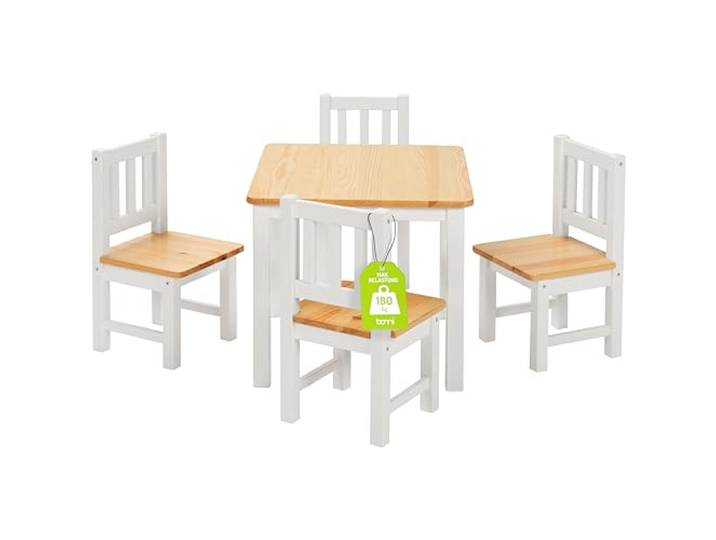 Bomi Kindersitzgruppe Holz Amy Kindertisch mit Stühle Tisch & 4X Stühle Kinderzimmer Set Spieltisch ab 1 Jahr Kindertisch für drinnen Maltisch & Basteltisch Kinder Kindermöbel Weiß Natur