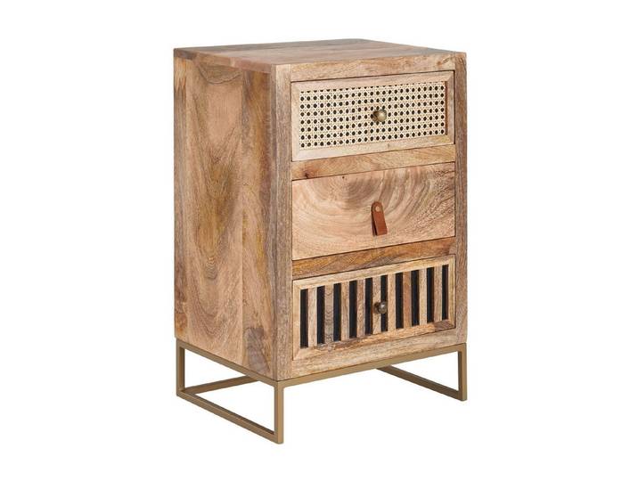 furnicato Nachttisch Nachtkästchen Vollholz 40x60x30 cm Braun Gold, Handgefertigter Nachtschrank mit 3 Schubladen für Boxspringbetten