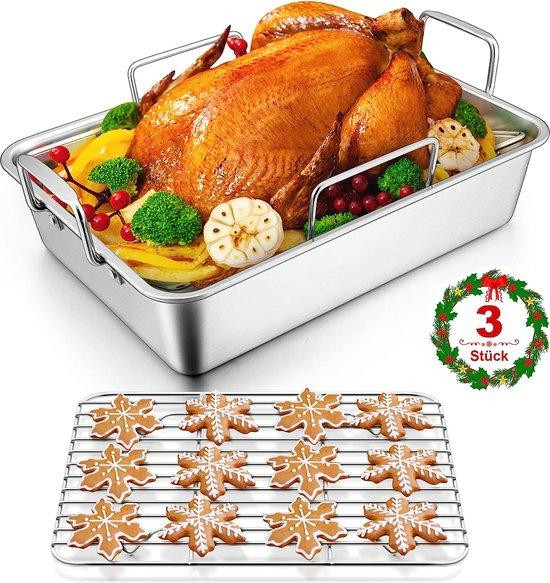 Unyqoos Set van 3 Roestvrijstalen Kookpannen met V-vormig Grillrooster en Temperatuurregelaar, B/D/H: 35,8 x 26,7 x 9 cm