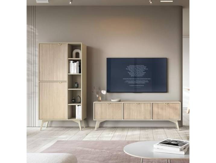 Lomadox Wohnmöbel Set Wohnwand beige, Front mit Fischgrätenmuster, 2-teilig, 1 Lowboard, 1 Regal