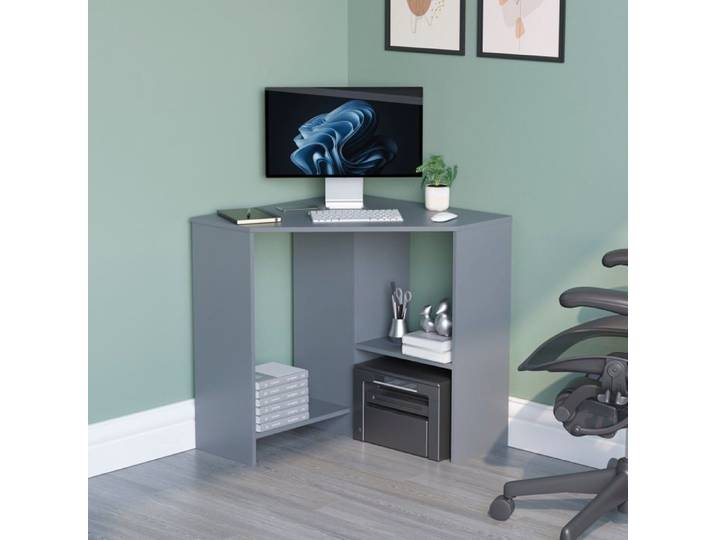 Bureau d'angle Hetton avec étagères – Bureau pour ordinateur portable meuble de bureau à domicile gris
