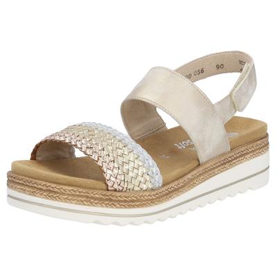 Keilsandalette REMONTE "ELLE-Collection", Damen, Gr. 43, beige (goldfarben, beige), Leder, Lederimitat, Flechtoptik, Schuhe, Sommerschuh, Sandale, Keilabsatz, mit Flechtbandage im Metalliclook