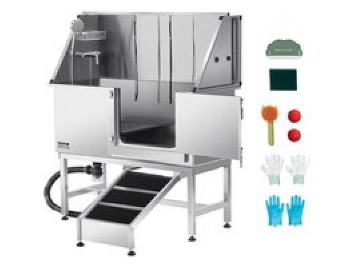 VEVOR Baignoire de Chien Acier Inoxydable, Baignoire de Toilettage pour Animaux de Compagnie 127 cm Station de Lavage Chat, avec Rampe, Panneau Filtre à Eau, Robinet, Pommeau de Douche, Porte Droite