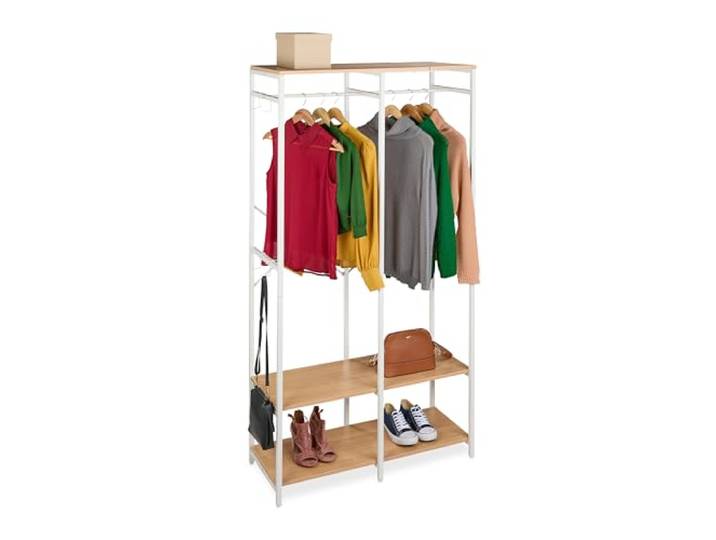 Relaxdays Garderobe, offen, Kleiderschrank, Ablagen & Stange, weiß/natur