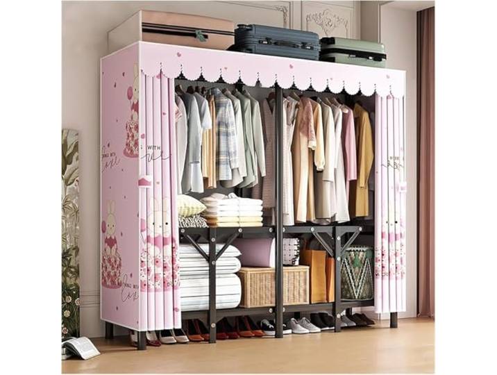 MmcdylyhEU Robuster tragbarer Kleiderschrank mit Abdeckung – Standgarderobe for Aufhängen von Kleidung, Faltbarer Organizer for die Aufbewahrung von Kleidungsstücken(Pink2,150x170x45cm)