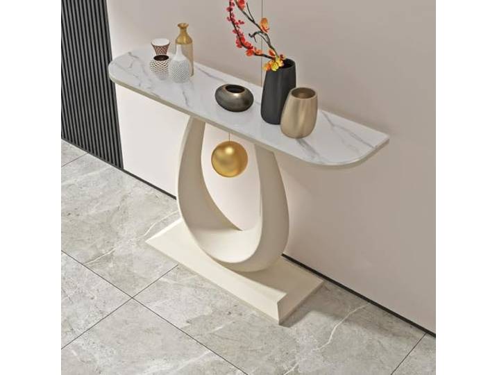 Moderne Konsolentisch mit Marmoroptik für Eingangsbereich & Wohnzimmer Sintersteinplatte, Metallrahmen, 120kg Traglast, Creme Stil(White+white,100cm/39.4 )