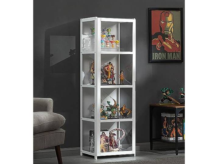 Curio-Schränke Mit Glastüren, Glasvitrine, Curio-Schränke, Vitrine, Natürlicher Bambusrahmen, Sicher Und Gesund, Doppeltür-Design Für Bequeme Aufbewahrung, Versiegelt, Sta,White-16.5in/42cm/4F