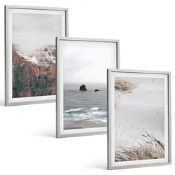 BILDER SET 3er Set - 40x60 cm Silberner Rahmen - Berge, Wolken, Meer, Sand, Natur